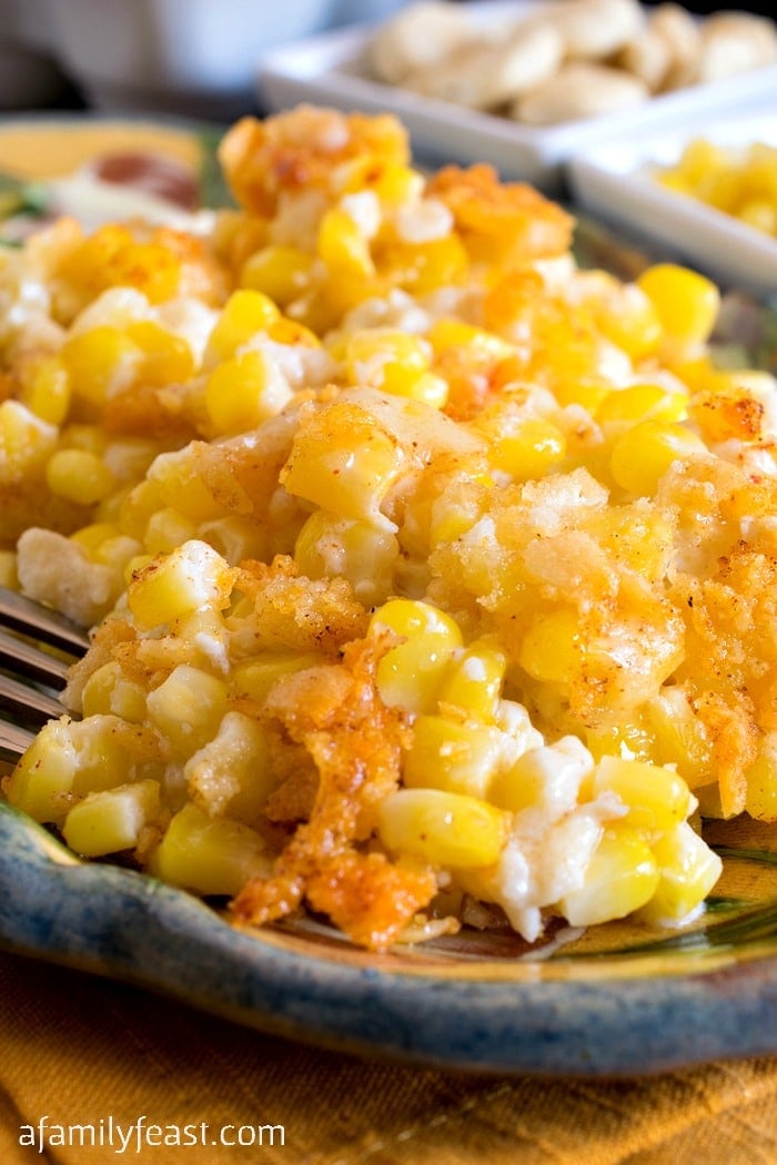 Nantucket Corn Pudding - A creamy corn casserole topped with a buttery, cheesy cracker crust. Perfect Thanksgiving side dish.