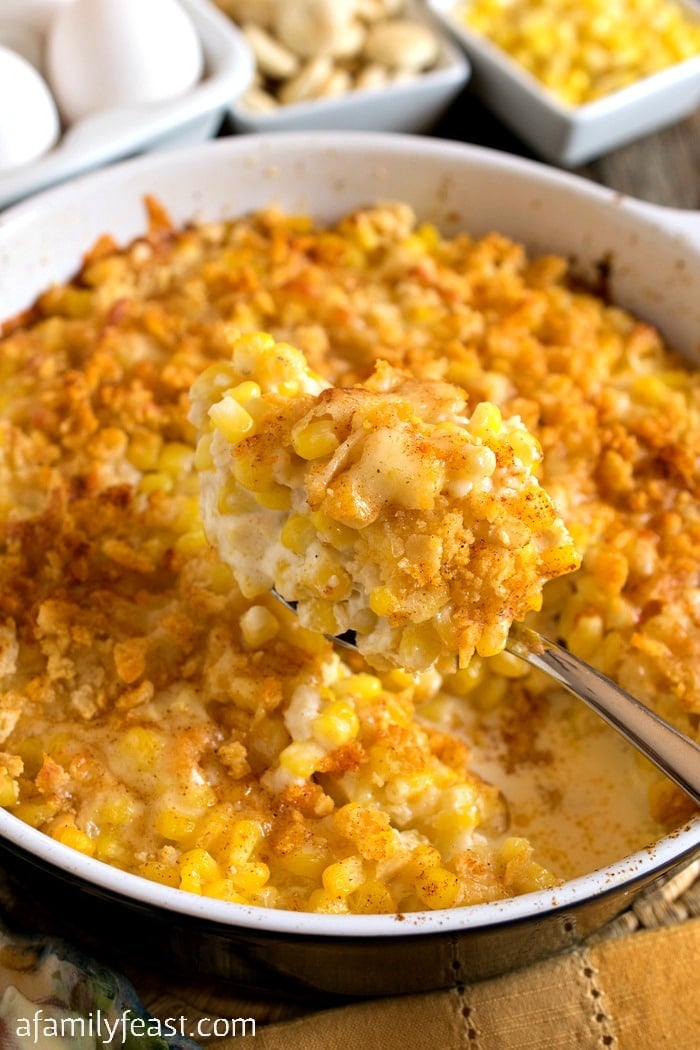 Nantucket Corn Pudding - A creamy corn casserole topped with a buttery, cheesy cracker crust. Perfect Thanksgiving side dish.