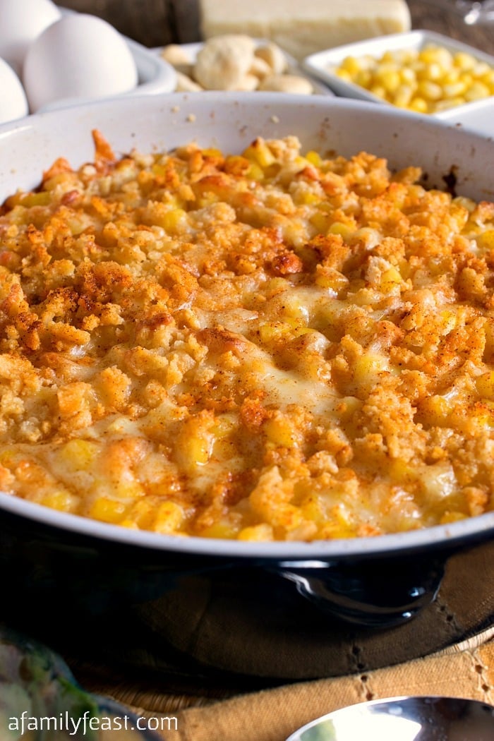 Nantucket Corn Pudding - A creamy corn casserole topped with a buttery, cheesy cracker crust. Perfect Thanksgiving side dish.