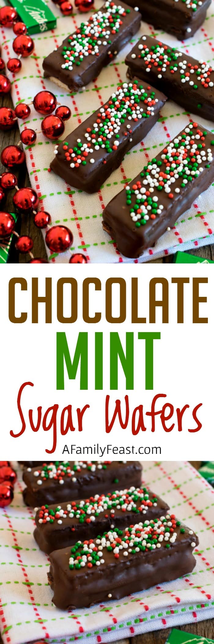 Chocolate Mint Sugar Wafers - Andes mints sandwiched between sugar wafer cookies, then dipped in chocolate. A quick, easy and festive idea for your holiday cookie tray!