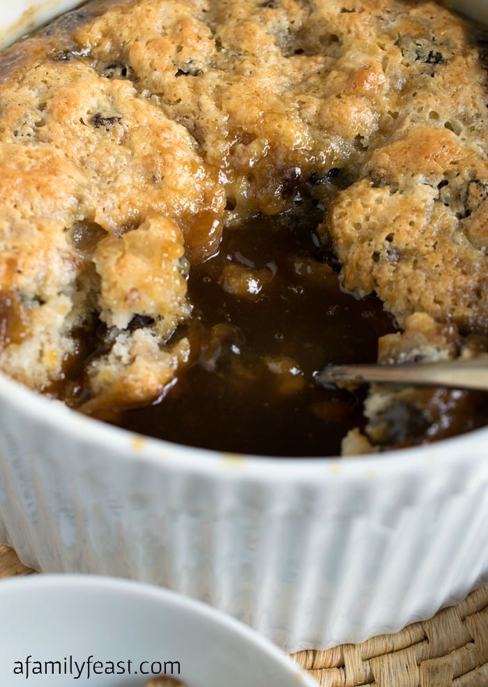 This Sour Cream Pudding Cake bakes up light and spongy on top with a rich, sweet, syrupy, caramel, raisin and walnut sauce on the bottom. It’s heavenly!