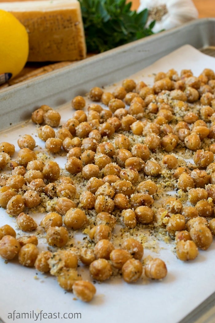 Crispy Parmesan Chickpeas - A delicious, healthy snack that takes just minutes to make!