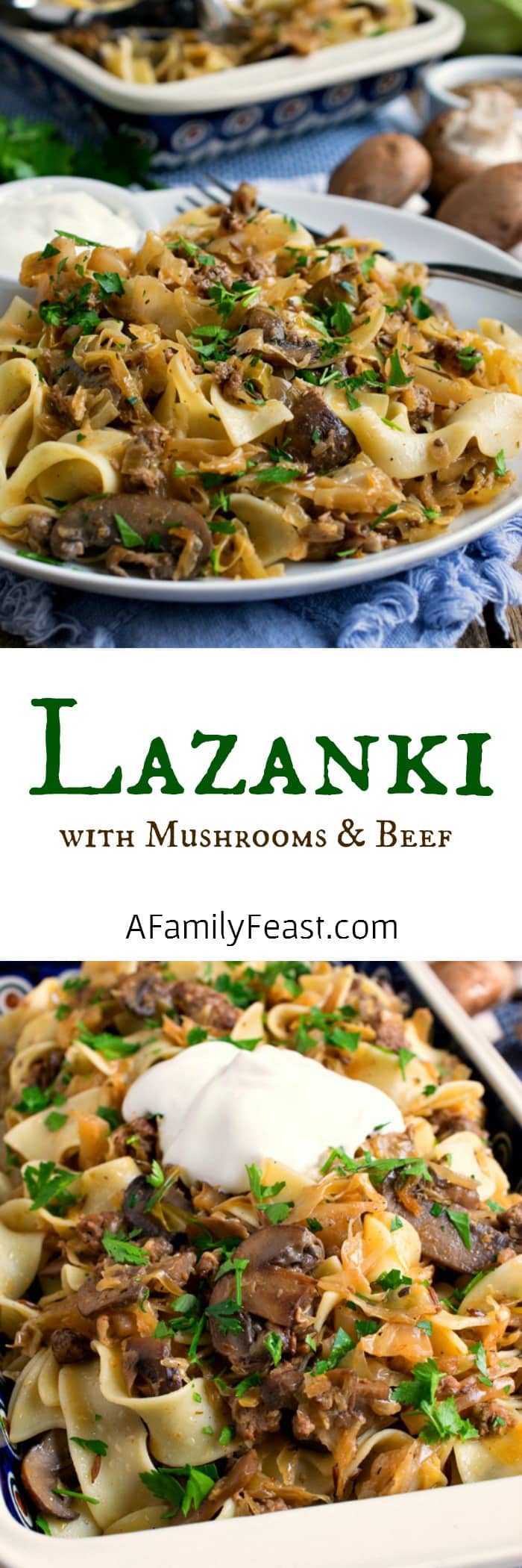 Lazanki with Mushrooms and Beef - Noodles tossed with sauteed ground beef, mushrooms, and sauerkraut and topped with sour cream. A classic Polish dish.