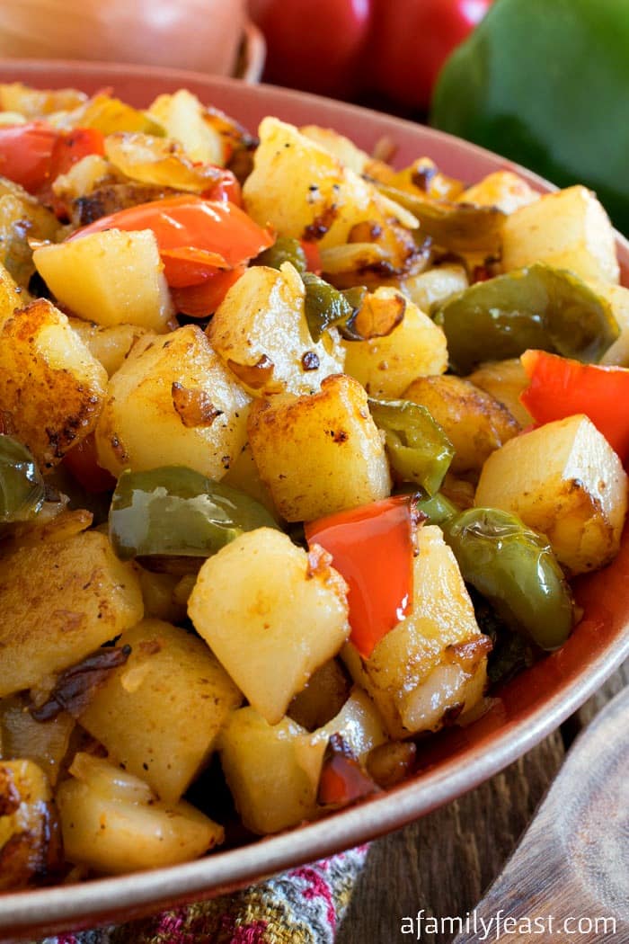 Potatoes O’Brien is a classic side dish dating back to the early 1900’s made from fried, diced potatoes, plus red and green bell peppers and other seasonings.