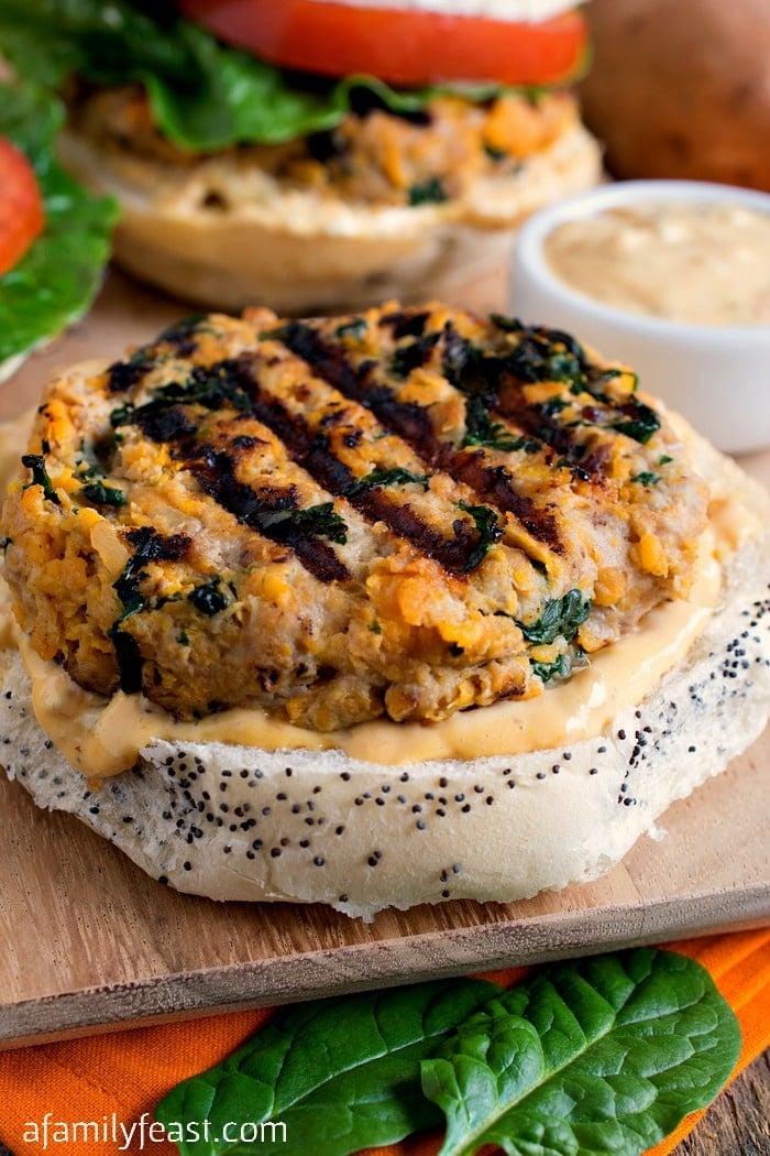 Sweet Potato Spinach and Bacon Turkey Burgers - A Family Feast