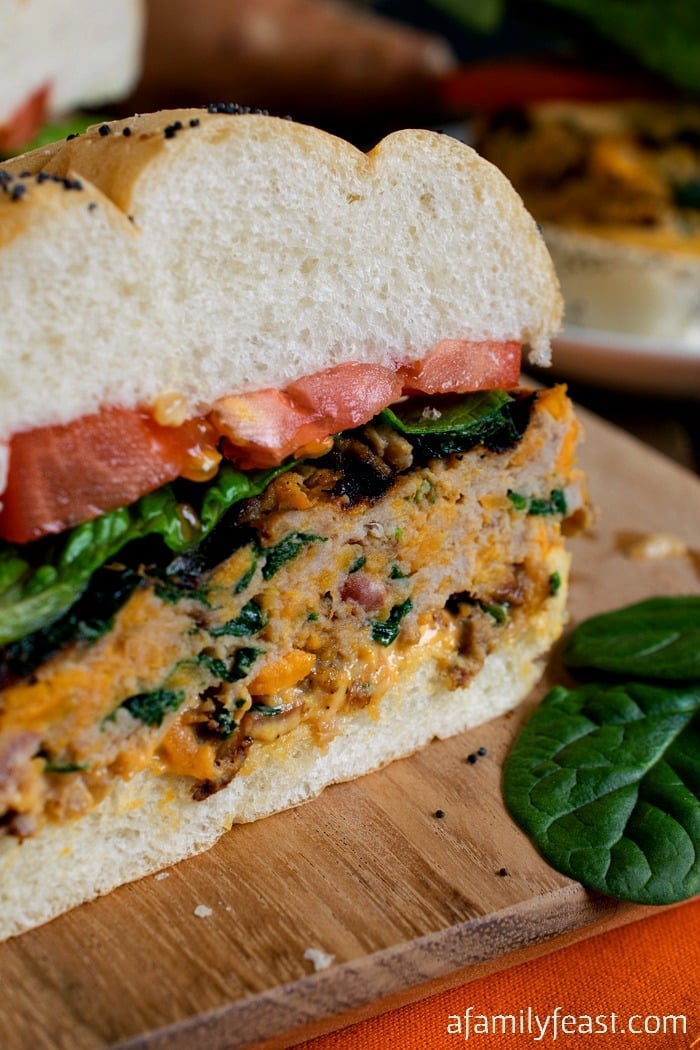 Sweet Potato Spinach and Bacon Turkey Burgers - Moist and full of fantastic flavors! These are the best turkey burgers around!