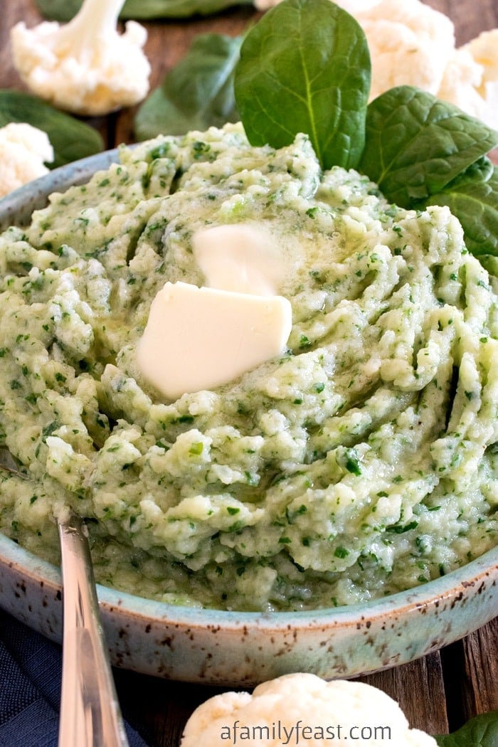This Mashed Cauliflower and Spinach is a quick and easy way to eat your veggies. (Easy to adapt to Whole30.)