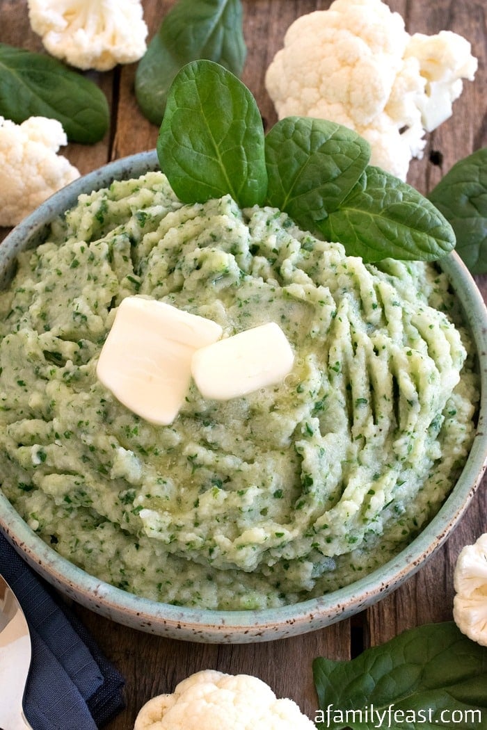 This Mashed Cauliflower and Spinach is a quick and easy way to eat your veggies. (Easy to adapt to Whole30.)