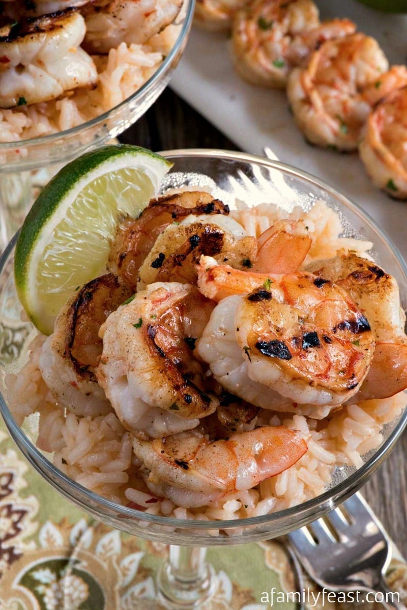 Margarita Shrimp with Rice - Grilled marinated margarita shrimp served over margarita rice! Perfect for Cinco de Mayo!