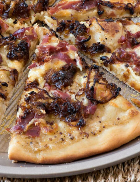 White Barbecue Pizza with Prosciutto and Caramelized Onions - A Family Feast