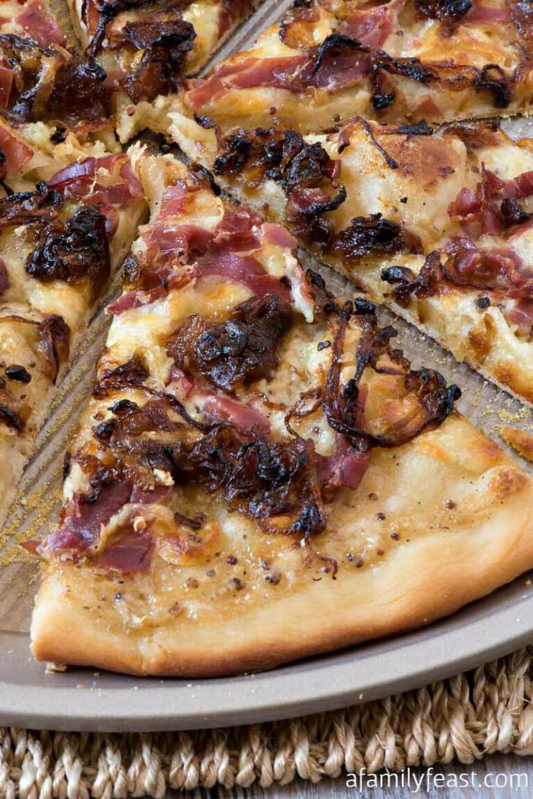 White Barbecue Pizza with Prosciutto and Caramelized Onions - A Family Feast