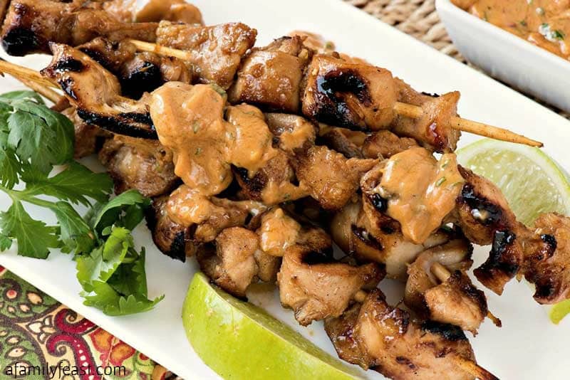 Grilled Chicken Skewers with Thai Chili Peanut Sauce - Tender strips of grilled chicken served with the most amazing peanut sauce!