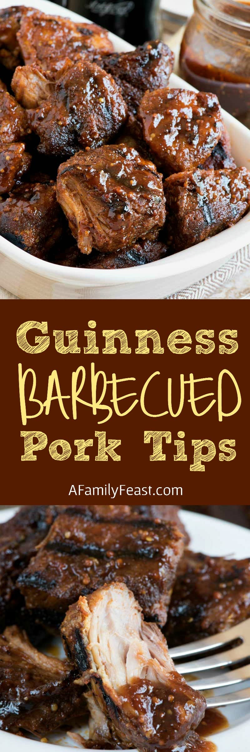 Guinness Barbecued Pork Tips - Tender slow-cooked pork tips glazed with Guinness barbecue sauce and grilled until caramelized. 
