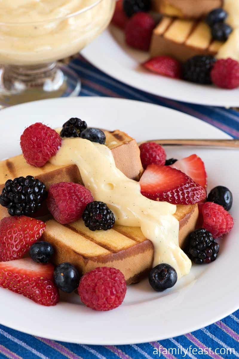 Grilled Pound Cake with Vanilla Custard and Fresh Berries - Make this simple summer dessert on your grill!
