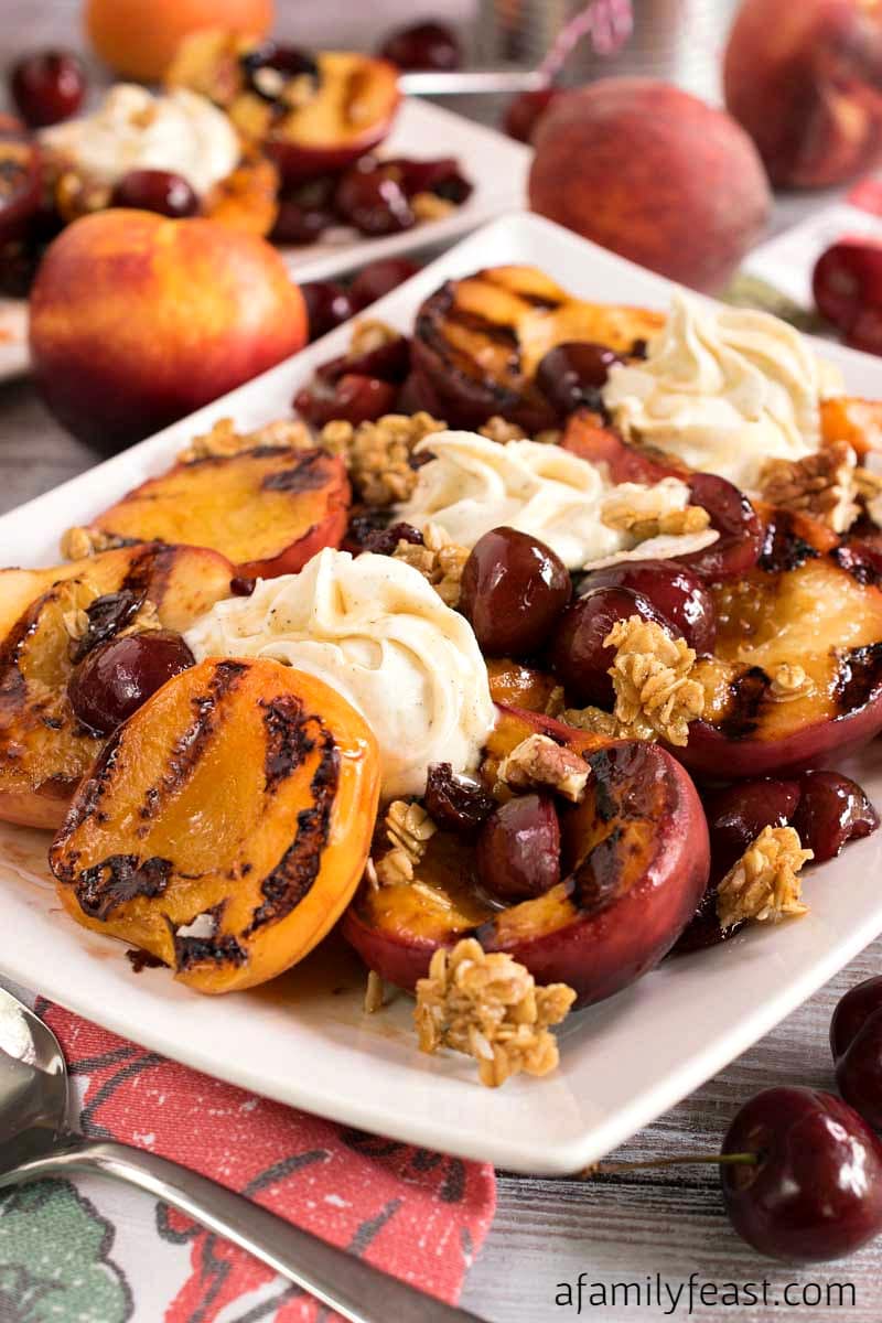 Grilled Stone Fruit with Mascarpone and Cherry Granola - The perfect summer dessert! 
