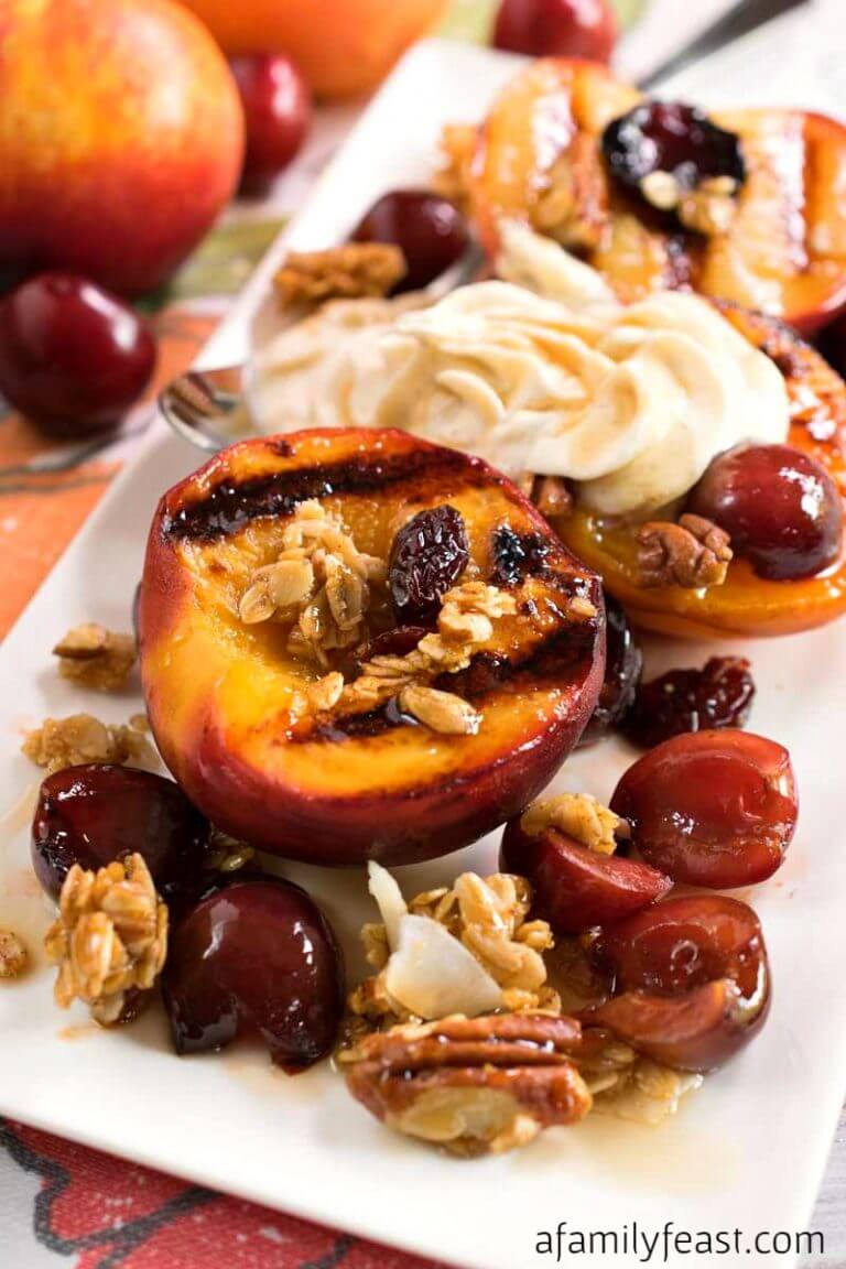 Grilled Stone Fruit with Mascarpone and Cherry Granola