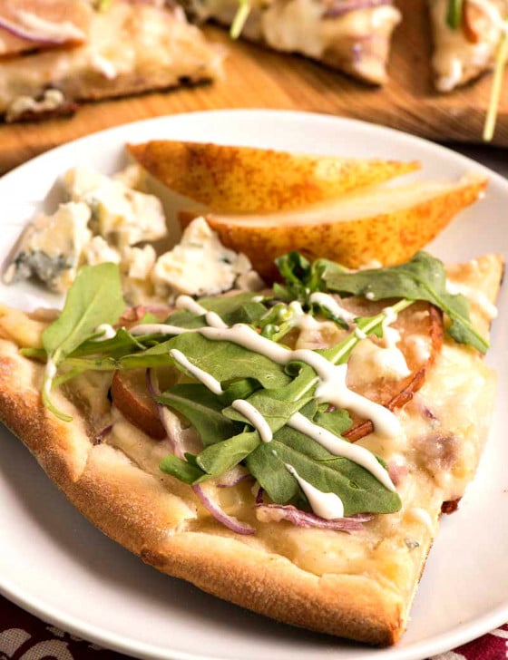 Pear and Gorgonzola Pizza with Arugula and Ranch Dressing - A Family Feast