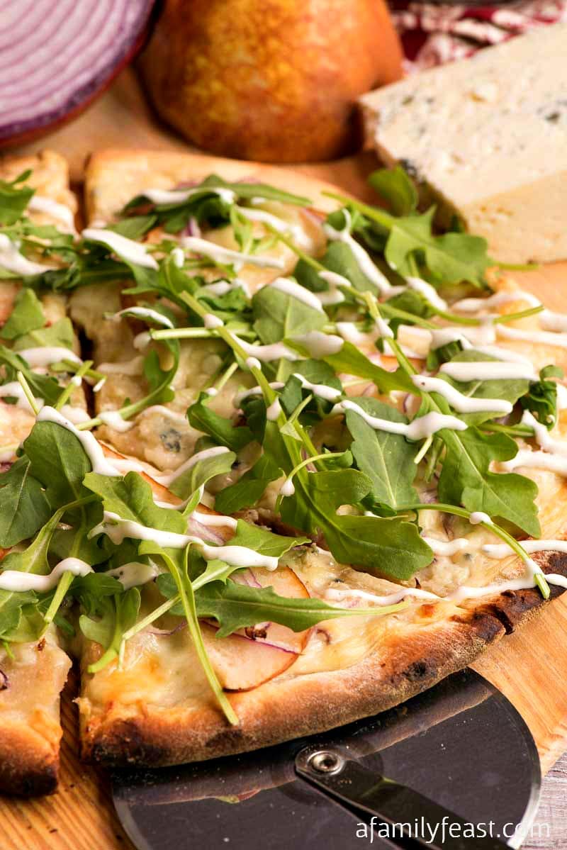 Pear and Gorgonzola Pizza with Arugula and Ranch Dressing