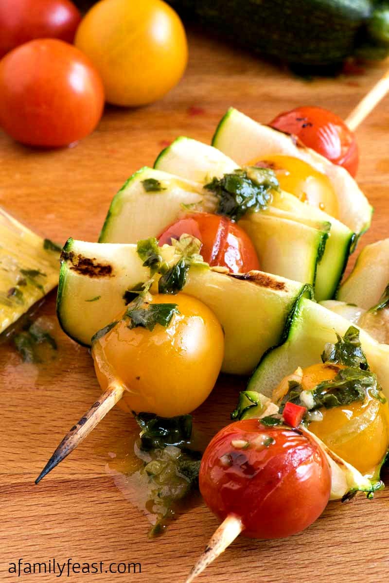 Zucchini Tomato Skewers with Fresh Herb Dressing - A Family Feast