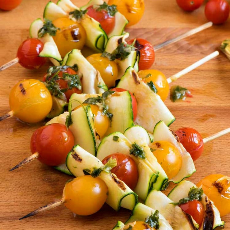 Zucchini Tomato Skewers with Fresh Herb Dressing - A Family Feast