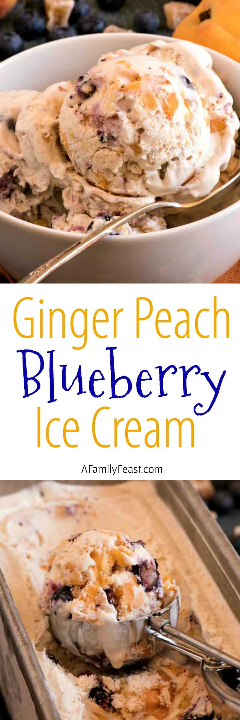 This Ginger Peach Blueberry Ice Cream is summertime in a bowl! Can be made no-churn or as a traditional churned ice cream.