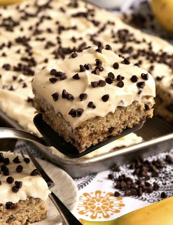 Banana Chocolate Chip Sheet Cake with Cream Cheese Frosting - A Family Feast