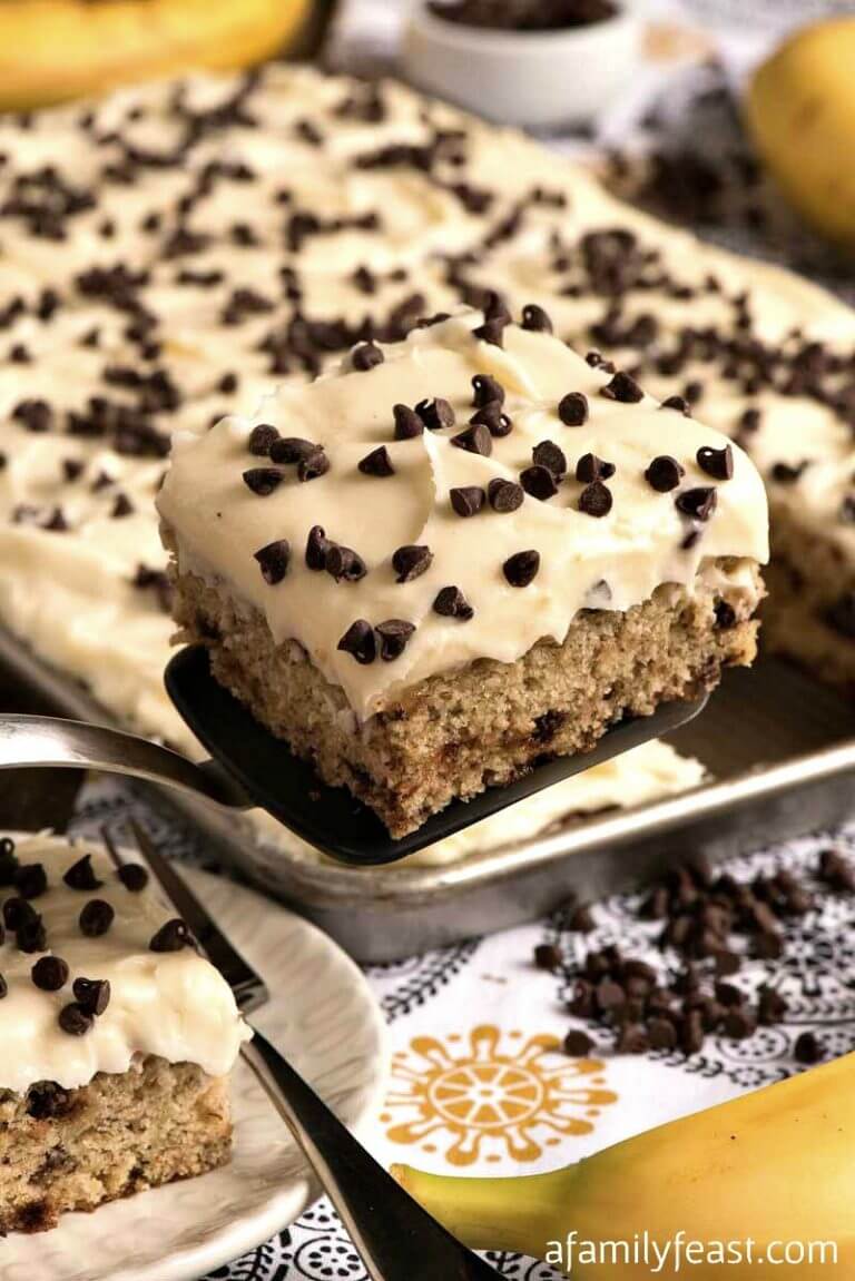 Banana Chocolate Chip Sheet Cake with Cream Cheese Frosting - A Family Feast
