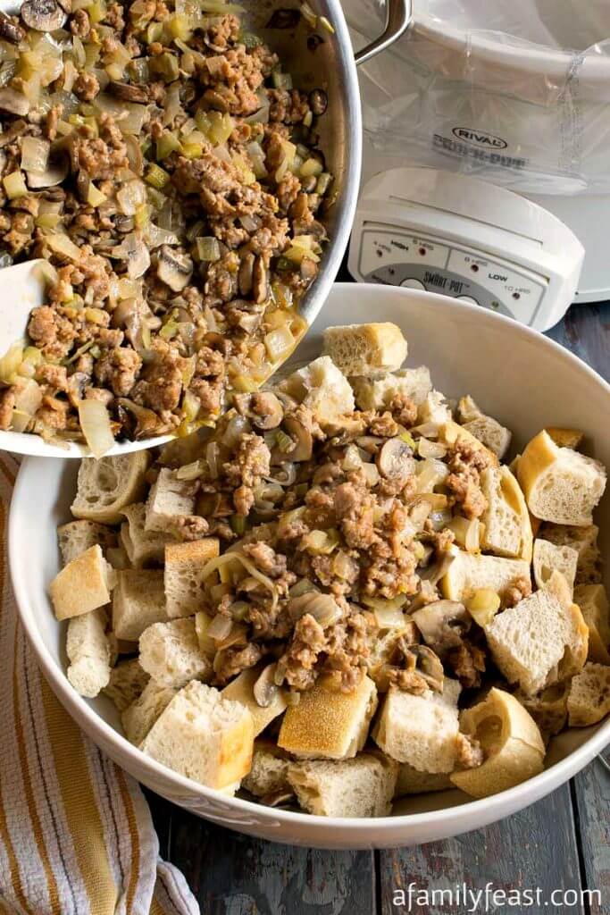 Slow Cooker Sourdough Stuffing with Turkey Sausage and Apples A