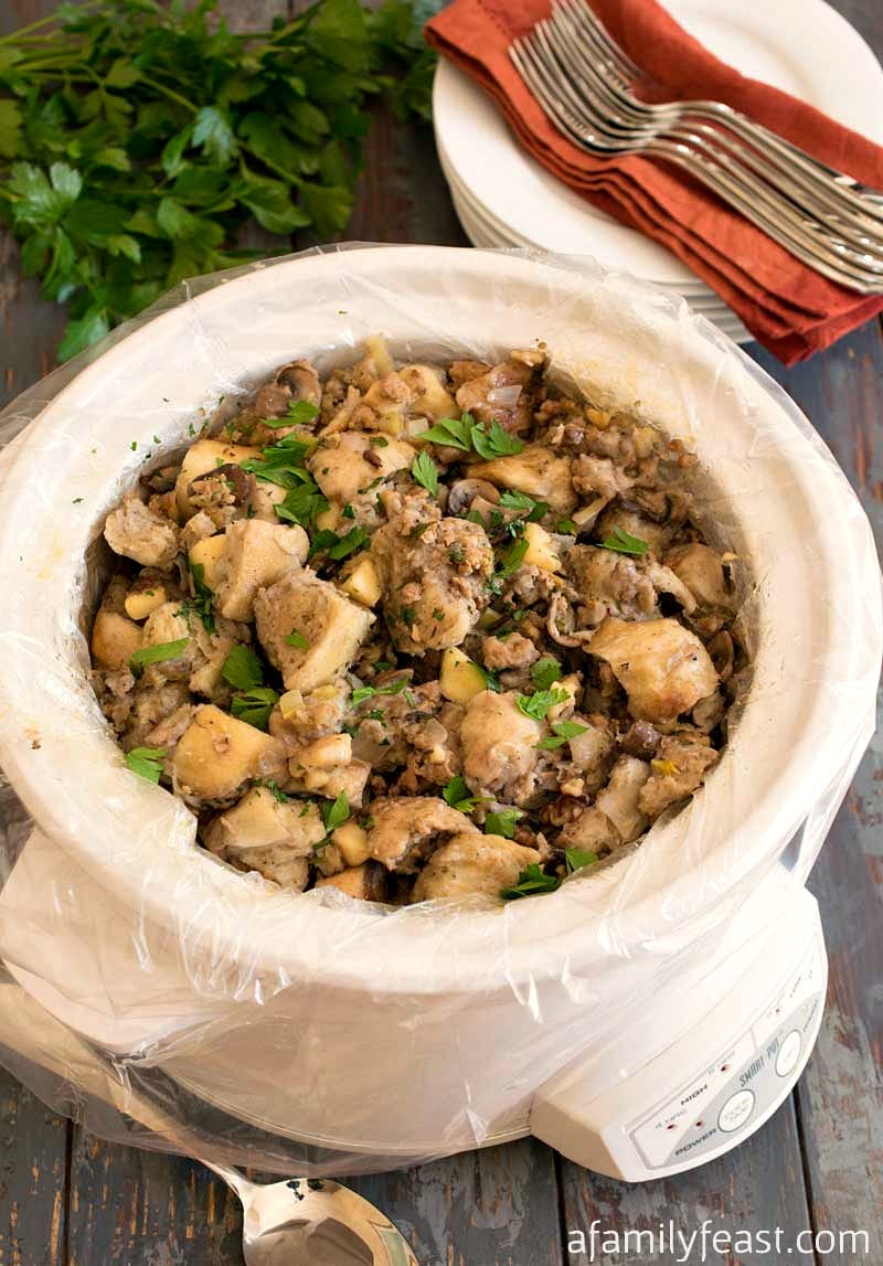Slow Cooker Sourdough Stuffing with Turkey Sausage and Apples