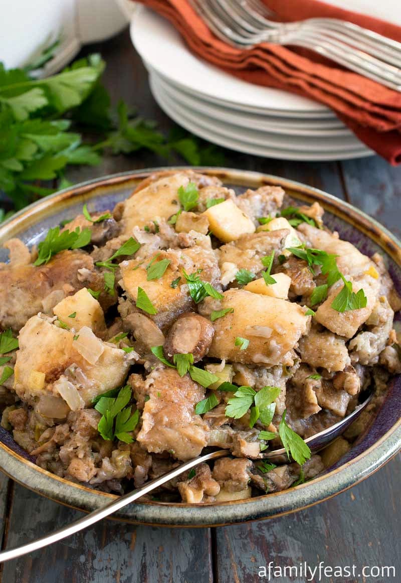 Slow Cooker Sourdough Stuffing with Turkey Sausage and Apples 