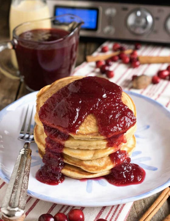 Eggnog Pancakes with Fresh Cranberry Syrup
