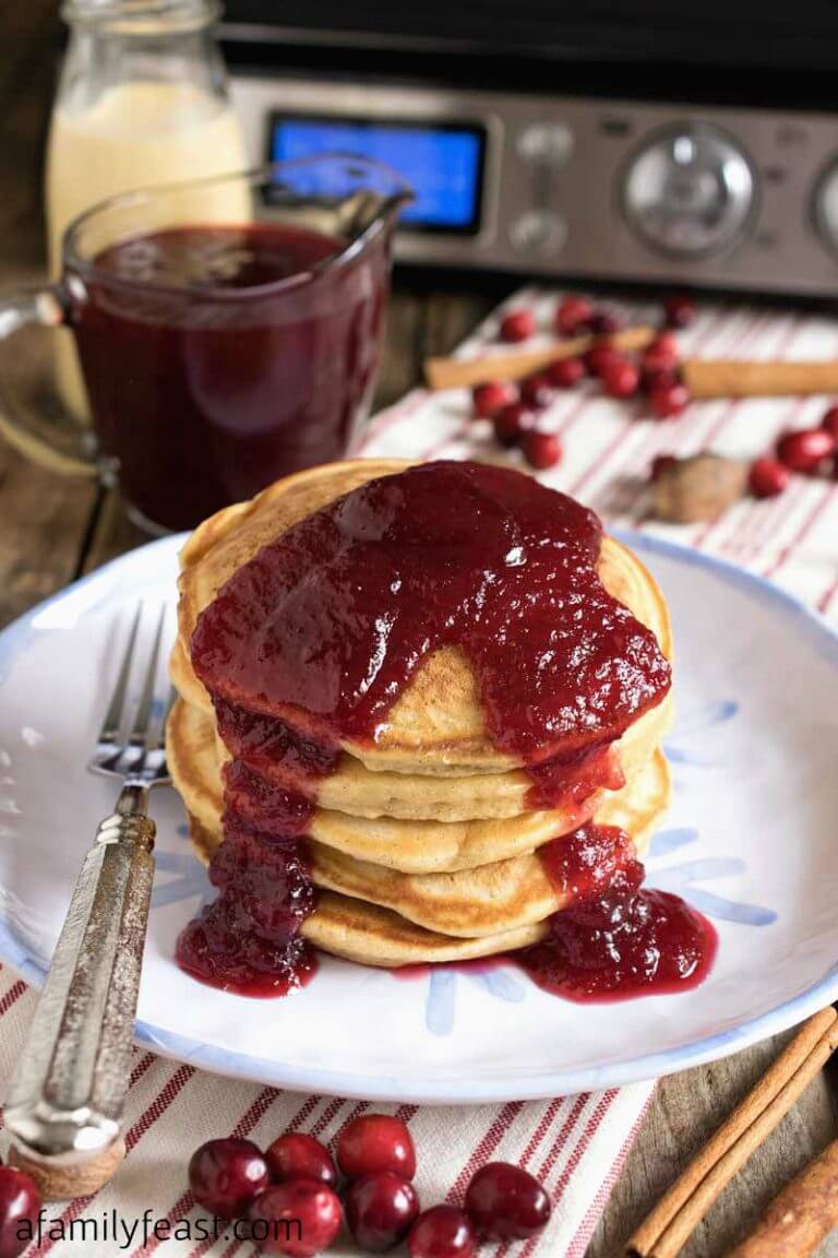 Eggnog Pancakes with Fresh Cranberry Syrup