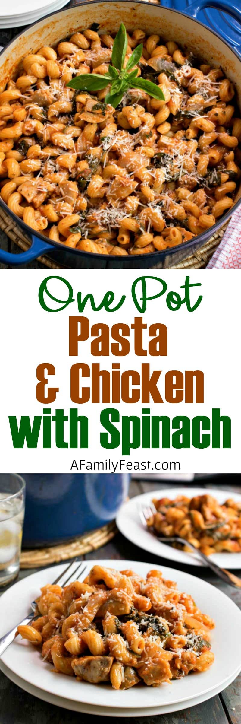 One Pot Pasta and Chicken with Spinach - This hearty pasta dish cooks up in just one pot. Easy to make, easy to clean up!