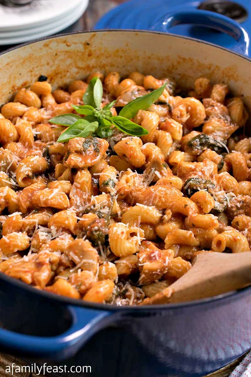 One Pot Pasta and Chicken with Spinach - This hearty pasta dish cooks up in just one pot. Easy to make, easy to clean up!