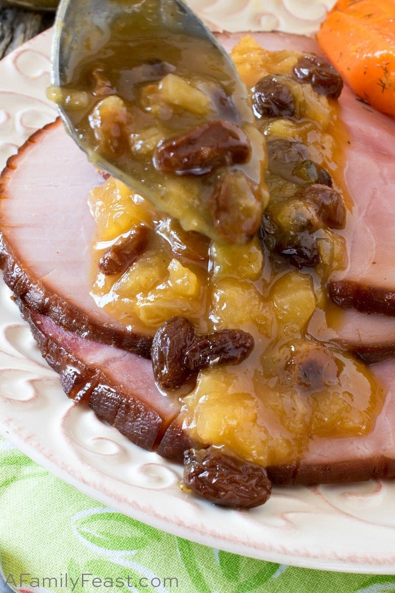 Our Pineapple Raisin Sauce is the perfect, delicious accompaniment to a holiday ham.