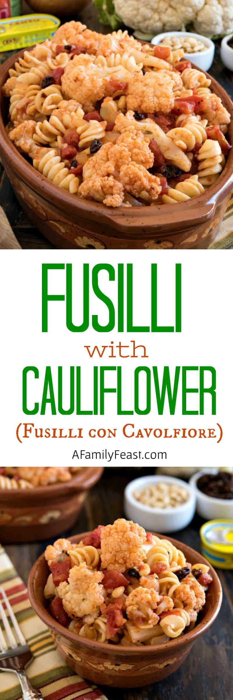 Fusilli with Cauliflower (Fusilli con Cavolfiore) is a classic Italian dish made with fresh cauliflower and pasta, plus a variety of flavorful ‘pantry’ ingredients. You’ll love this simple and delicious dish!