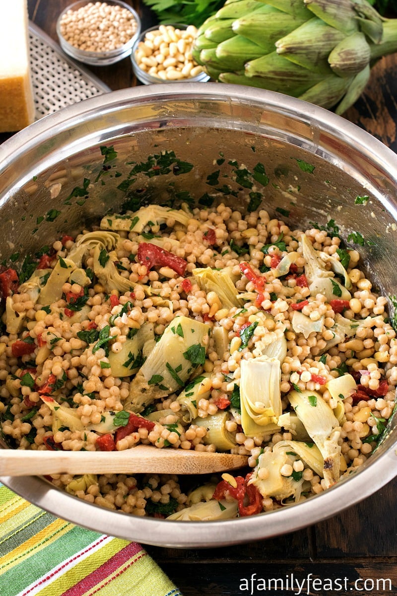 Israeli Couscous Salad with Artichokes and Roasted Red Peppers 