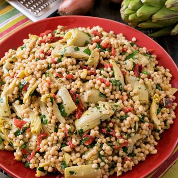 Israeli Couscous Salad with Artichokes and Roasted Red Peppers