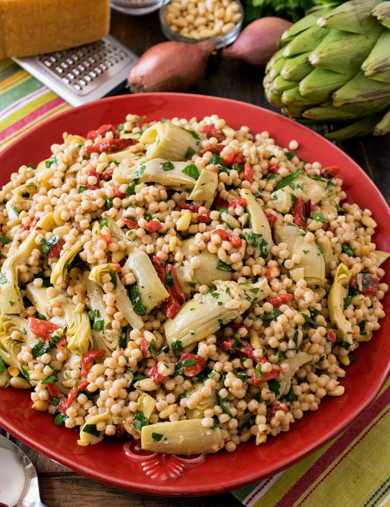 Israeli Couscous Salad with Artichokes and Roasted Red Peppers