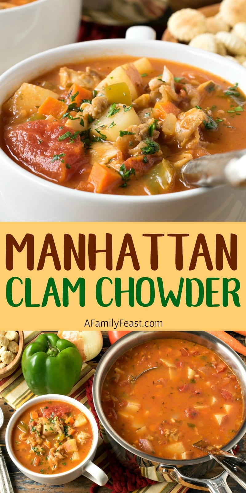 Manhattan Clam Chowder is a thick and flavorful tomato-based chowder loaded with chopped clams, potatoes, green bell peppers and other vegetables.