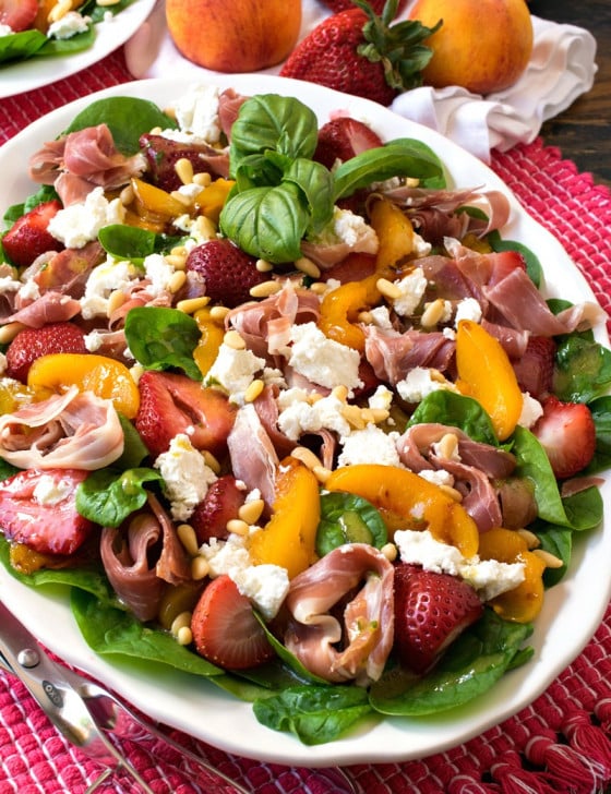 Roasted Peach Strawberry Spinach Salad - A Family Feast