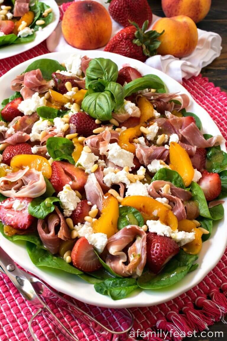 Roasted Peach Strawberry Spinach Salad - A Family Feast