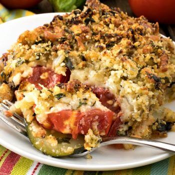 Baked Tomatoes and Zucchini with Cheddar Parmesan Panko Topping