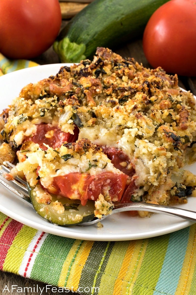 Baked Tomatoes and Zucchini with Cheddar Parmesan Panko Topping