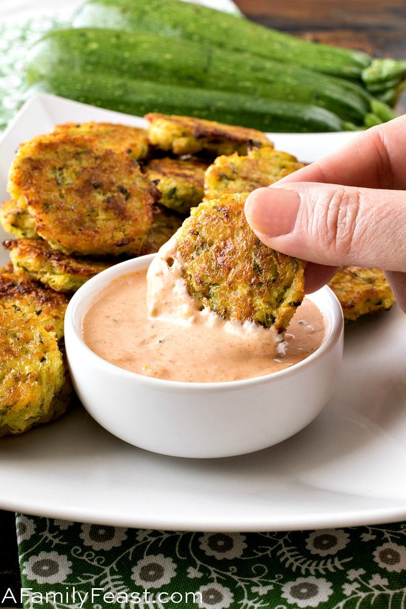 Baked Zucchini Fritters with Smoky Dipping Sauce 