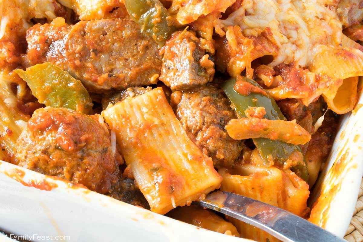 Baked Rigatoni with Italian Sausage and Meatballs