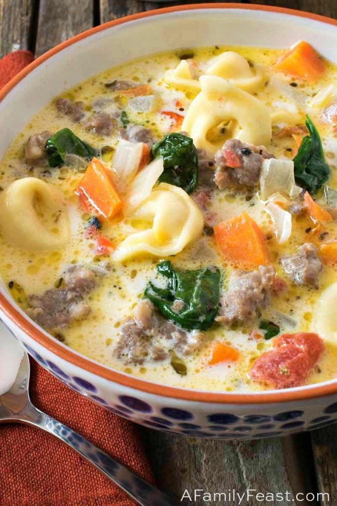 Slow Cooker Creamy Tortellini and Sausage Soup - A Family Feast®