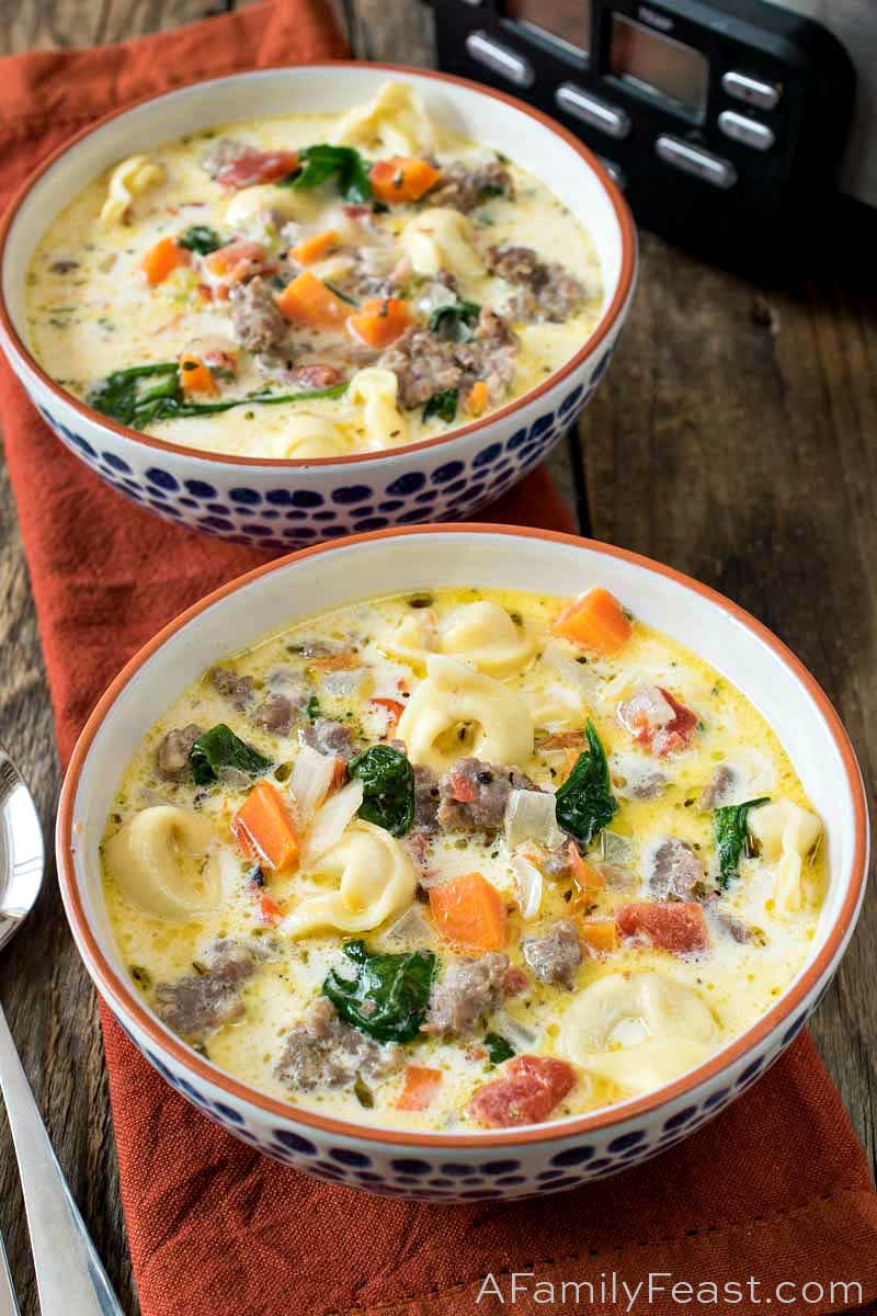 Slow Cooker Creamy Tortellini and Sausage Soup - A Family Feast®