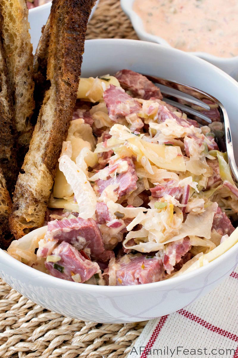 Our Reuben in a Bowl combines corned beef, cabbage, onions, sauerkraut and Swiss cheese - all topped with a fantastic Russian dressing. Reuben in a Bowl