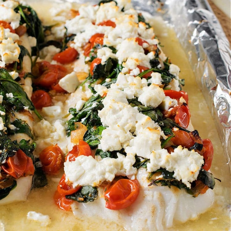 Baked Cod with Spinach, Feta and Tomatoes